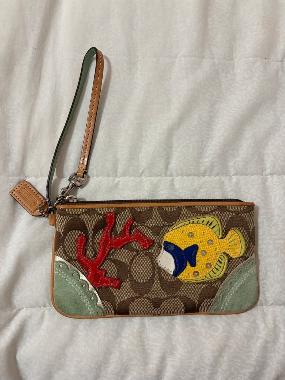 Coach Brown Signature Canvas Wristlet with Yellow Fish & Red Coral Appliqués